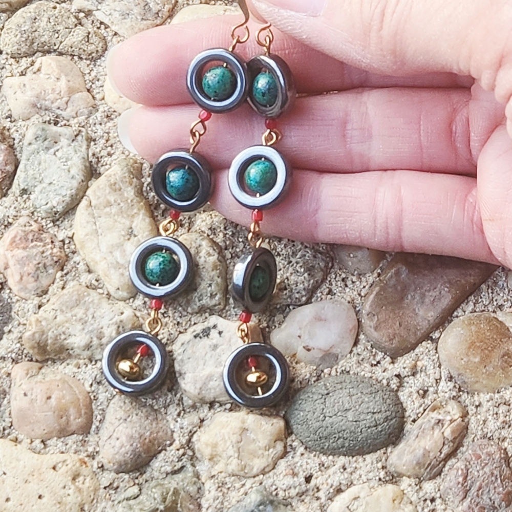 Azurite/Hematite NEW Goldplated Dangle Earrings Black Green Gold OOAK Handmade